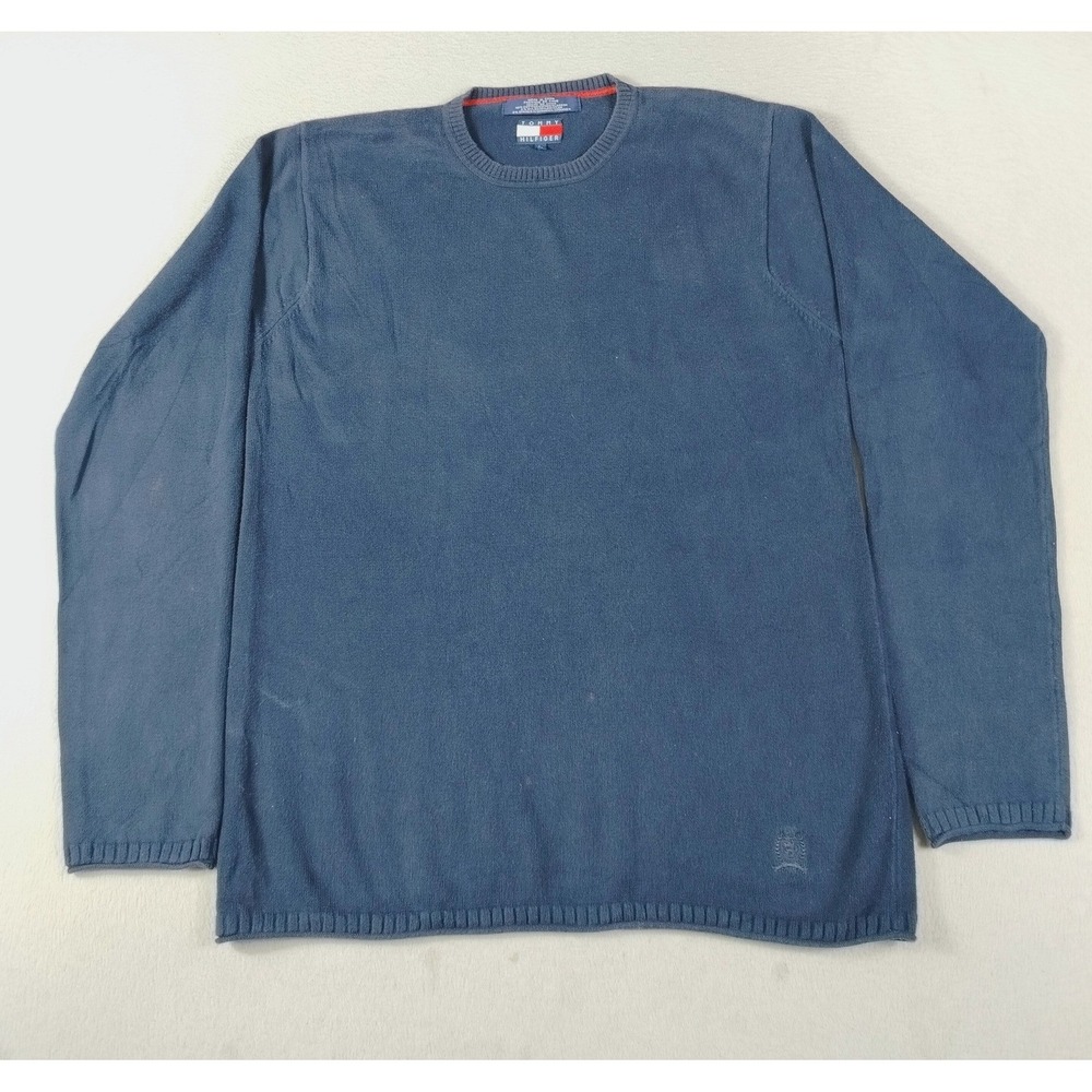 Vintage Tommy Hilfiger Sweater Mens Large Blue Crewneck Cotton Blend Crest 90s
